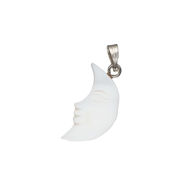 Pendant, mother-of-pearl shell (bleached) / antique silver-finished "pewter" (zinc-based alloy) / steel, 19x9mm-21x11mm single-sided carved moon. Sold individually. image number 0