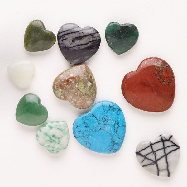 Drop mix, multi-gemstone (natural / dyed / heated / manmade), multicolored, 13x12mm-20x20mm half-drilled heart. Sold per pkg of 10. image number 0