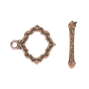 Clasp toggle 1pkg1 copper-plated pewter (tin alloy), 19.5x19mm double-sided scalloped diamond, TierraCast® antique 1-strand