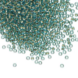 Seed bead, TOHO BEADS®, glass, pkg/250g, #11 round, transparent gold-lined aqua (TR-11-284).