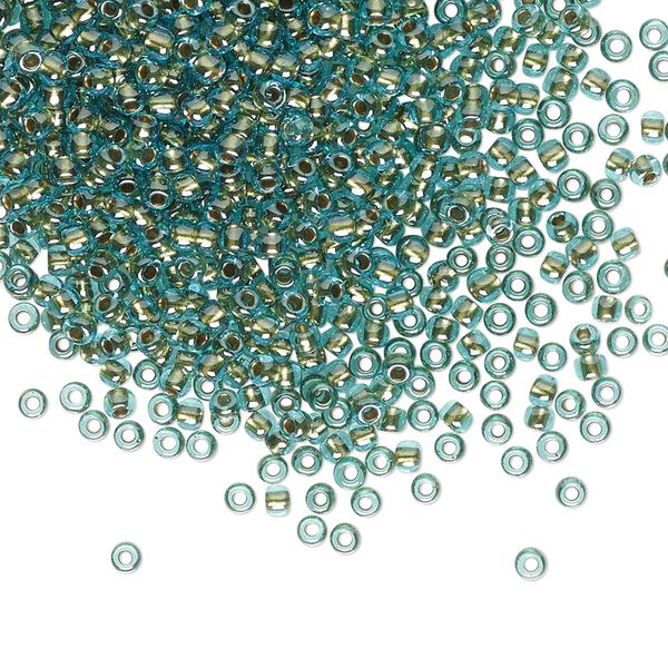 Seed bead, TOHO BEADS®, glass, pkg/250g, #11 round, transparent gold-lined aqua (TR-11-284). image number 0