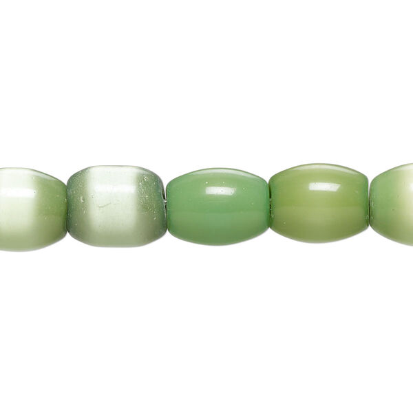 Bead, cat's eye glass (fiber optic glass), green, 11x9mm-11x10mm barrel. Sold per 14-inch  strand, approximately 35 beads. image number 0