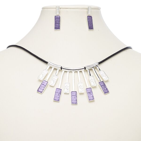 Necklace and earring set, leather (dyed) / enamel / imitation rhodium-finished steel / brass / "pewter" (zinc-based alloy), lavender, geometric fan, 18-inch necklace with 2-inch extender chain and lobster claw clasp, 31.5mm earrings with post. Sold per set. image number 0