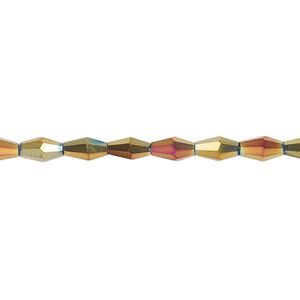 Bead, glass, crystal rose gold, 6.5x3.5mm long bicone. Sold per 15-1/2 to 16-inch strand.