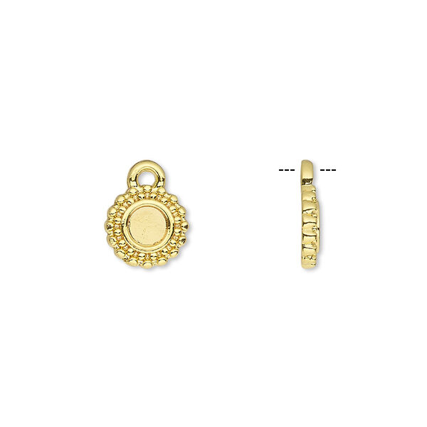 Drop, gold-finished brass, 8.5mm single-sided beaded round with 4mm round setting. Sold per pkg of 10. image number 0