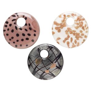 Random focal mix, lampworked glass, pkg/3, opaque and translucent mixed colors with silver-colored foil and copper-colored glitter, 49-51mm undrilled go-go.