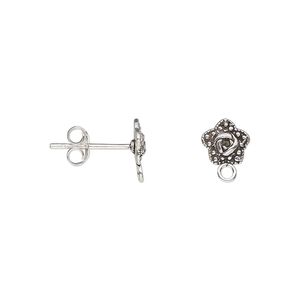 Earstud 1pkg2 sterling silver / marcasite (natural), 7mm star / closed loop / earnuts, 1 pair