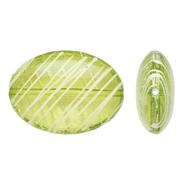 Bead, acrylic, semitransparent green and white, 33x24mm puffed oval with painted line design. Sold per pkg of 18. image number 0