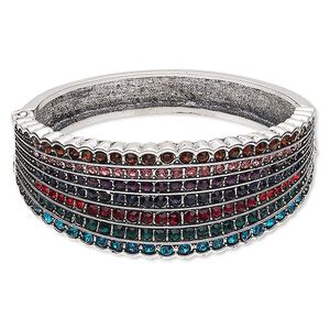 Bracelet, hinged bangle, glass rhinestone / antique silver-finished steel / "pewter" (zinc-based alloy), multicolored, 28mm wide with 7-row channel set, 6 inches. Sold individually.