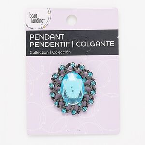 Focal, Bead Landing™, plastic / glass rhinestone / gunmetal-finished "pewter" (zinc-based alloy), blue, 39x35mm fancy oval with hidden bail. Sold individually.