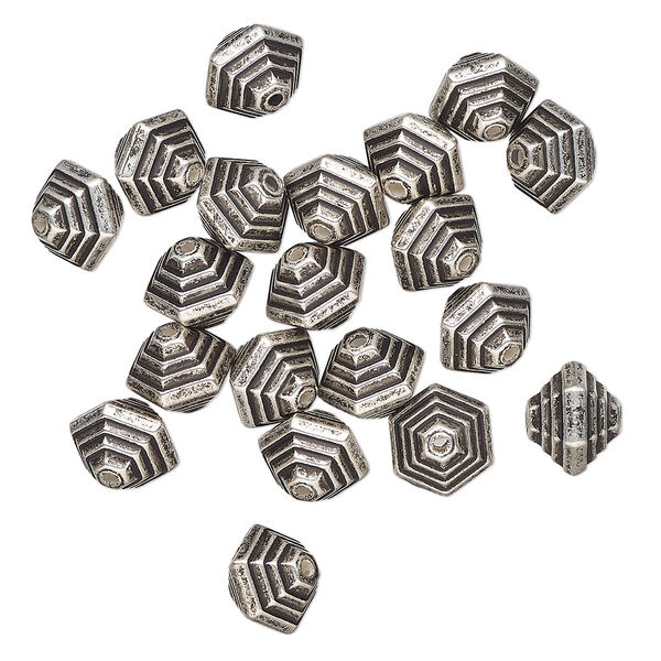 Bead, plastic, silver, 10x9mm hexagon oval. Sold per pkg of 20. image number 0