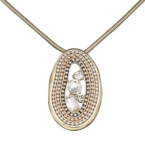 Necklace, glass rhinestone / gold-coated plastic / gold-finished steel / "pewter" (zinc-based alloy) / copper- / gunmetal- / silver-finished brass, clear, 50x34mm oval, 16 inches with 2-inch extender chain and lobster claw clasp. Sold individually. image number 0