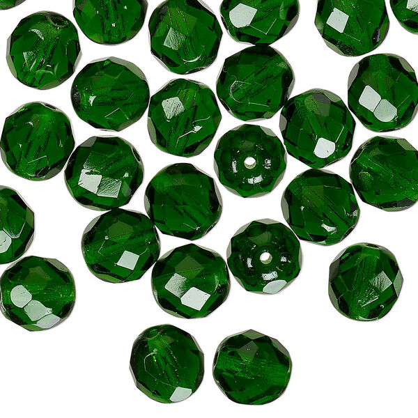 Czech fire-polished glass 1pkg50, faceted round bead transparent emerald green 8mm image number 0