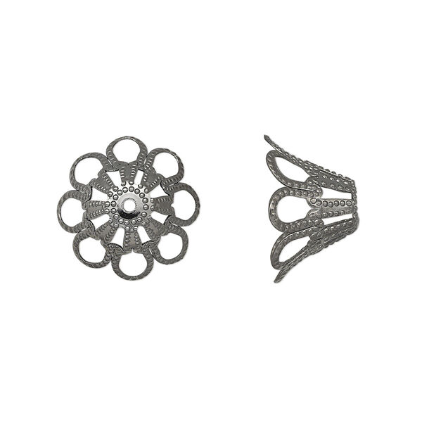 Bead cap, gunmetal-plated brass, stamped, 14x8mm fancy basket with cutout pattern, fits 14-18mm bead. Sold per pkg of 20. image number 0