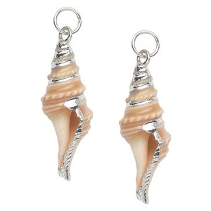 Drop, turrid shell (natural) and silver-plated steel, white and tan, 28x10mm. Sold per pkg of 2.