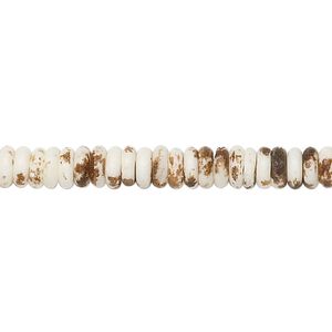 Bead, bone, white and beige, 5x2mm hand-painted rondelle, Mohs hardness 2-1/2. Sold per 15-1/2" to 16" strand.