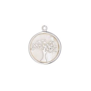 Drop, sterling silver and mother-of-pearl (bleached), 16mm round single-sided round with tree of life. Sold individually.
