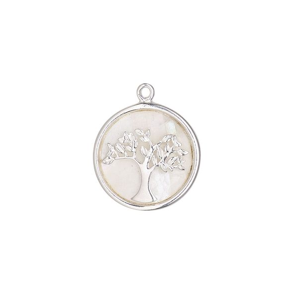 Drop, sterling silver and mother-of-pearl (bleached), 16mm round single-sided round with tree of life. Sold individually. image number 0