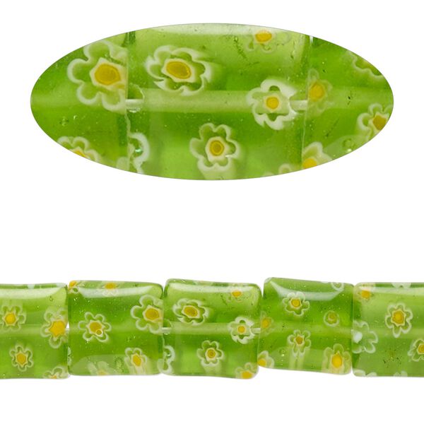 Bead, millefiori glass, translucent spring green and multicolored, 9mm-11x10mm puffed square with flower design. Sold per 14-inch strand, approximately 40 beads. image number 0