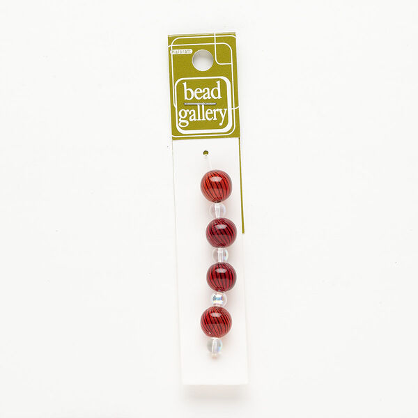 Bead 1pkg4 handblown glass, 11-13mm round / line design, translucent red / black image number 0