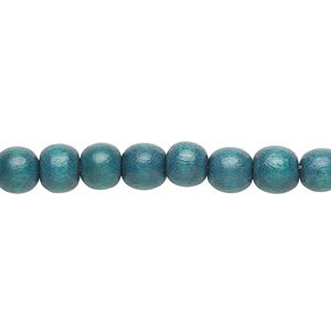Bead, Taiwanese cheesewood (dyed / waxed), teal, 5-6mm round. Sold per pkg of (2) 15-1/2" to 16" strands.