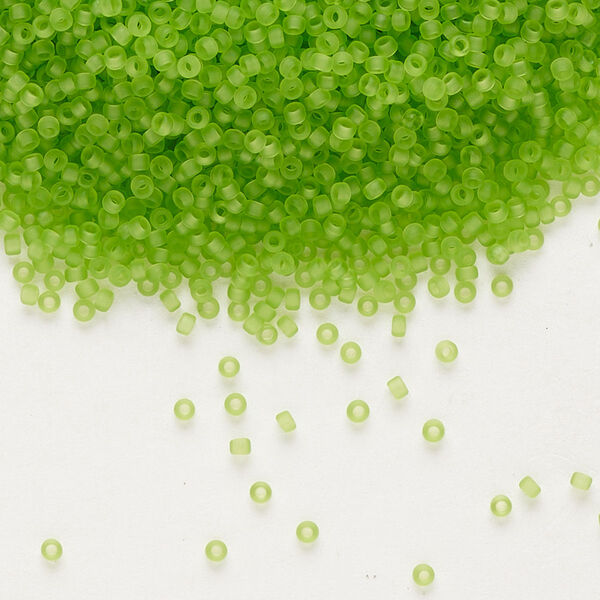 Seed bead, Miyuki, glass, pkg/35g, #15 rocaille, translucent matte lime, (RR-144F). image number 0