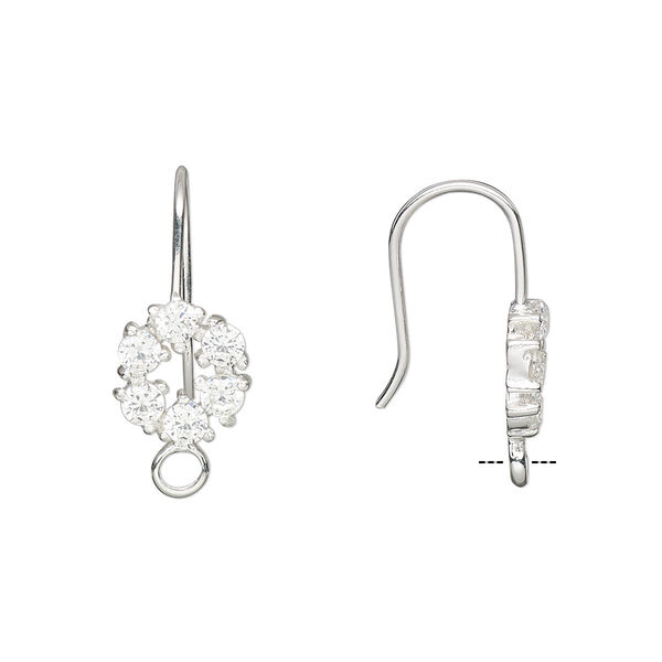Ear wire, cubic zirconia and sterling silver, clear, 21.5mm fishhook with 9mm faceted flower and closed loop, 20 gauge. Sold per pair. image number 0