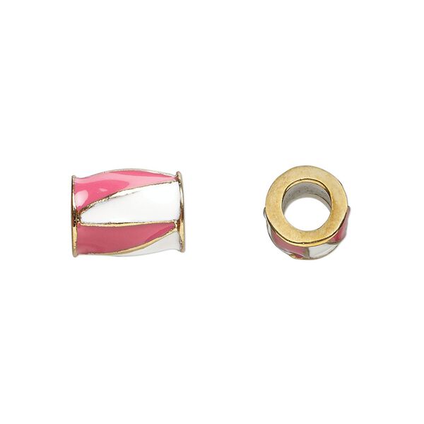 Bead, Dione®, gold-finished "pewter" (zinc-based alloy) and enamel, opaque pink and white, 12x9mm barrel with triangle design, 5mm hole. Sold individually. image number 0