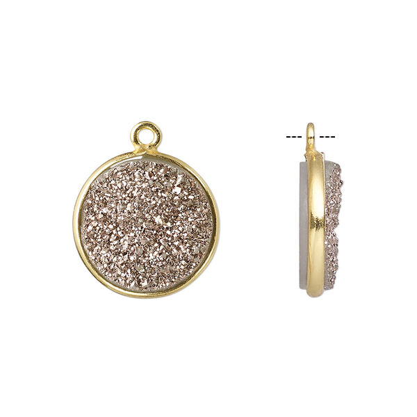 Drop, titanium- / electro-coated druzy agate (coated) / gold-finished sterling silver, rose gold, 15mm hand-cut single-sided flat round. Sold individually. image number 0