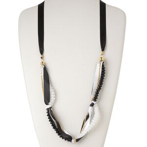 Necklace, satin / acrylic / gold-finished steel, white and black, 8x5mm faceted rondelle, 30-inch continuous loop. Sold individually.