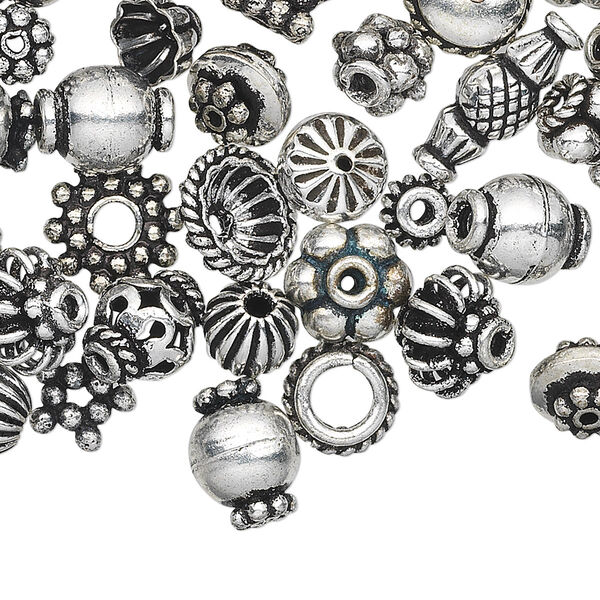 Bead and bead cap, antique silver-plated copper, 4x1mm-11x5mm assorted shape. Sold per pkg of 100. image number 0