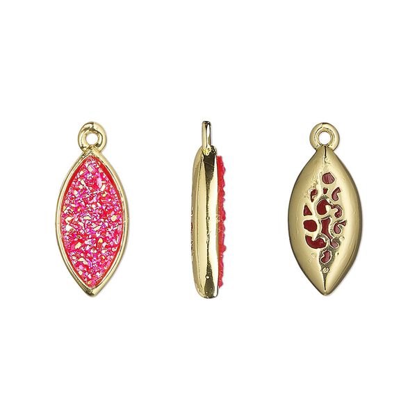 Drop, Druzylite™, "druzy" (resin) and gold-finished brass, hot pink, 16x8mm two-sided marquise with open filigree back. Sold per pkg of 4. image number 0