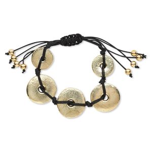 Bracelet, waxed cotton cord / gold-finished aluminum / gold-coated plastic, black, 20-27mm round donut, adjustable from 7 to 11 inches with macramé knot closure. Sold individually.