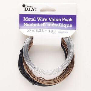 Wire, aluminum, pkg/(3) 9 feet, round, 18 gauge, silver finish / antique copper finish / black finish.
