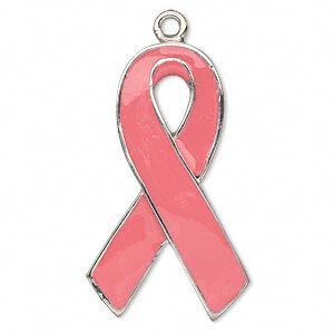 Focal, silver-plated "pewter" (zinc-based alloy) and enamel, pink, 37x21mm single-sided awareness ribbon. Sold individually.