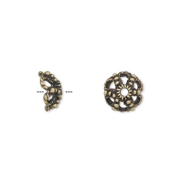 Bead cap, antique brass-finished "pewter" (zinc-based alloy), 10x4mm filigree saucer, fits 8-10mm bead. Sold per pkg of 24. image number 0
