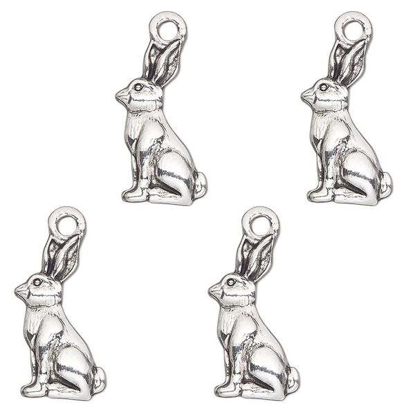 Charm, antique silver-finished "pewter" (zinc-based alloy) , 18x9mm single-sided rabbit. Sold per pkg of 4. image number 0