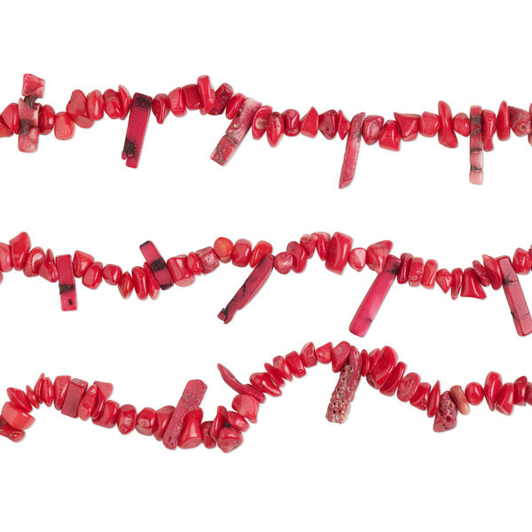 Bead mix, bamboo coral (dyed), light to dark red, top- and center-drilled small to extra-large chip and 19x5mm-30x7mm stick, Mohs hardness 3-1/2 to 4. Sold per (3) 8-inch strands. image number 0