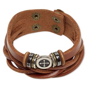 Bracelet, multi-strand, Hemalyke™ (man-made) / wood / leather (dyed) / silver-coated plastic / imitation rhodium- / antique brass-plated steel, brown, 27mm wide, adjustable at 5-1/2 and 6 inches with double snap closure. Sold individually.