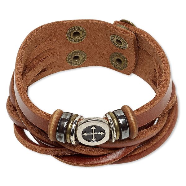 Bracelet, multi-strand, Hemalyke™ (man-made) / wood / leather (dyed) / silver-coated plastic / imitation rhodium- / antique brass-plated steel, brown, 27mm wide, adjustable at 5-1/2 and 6 inches with double snap closure. Sold individually. image number 0