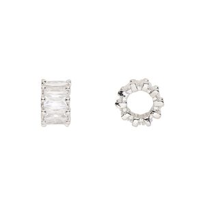 Bead, cubic zirconia and silver-plated brass, clear, 10.5x6mm rondelle. Sold per pkg of 2.