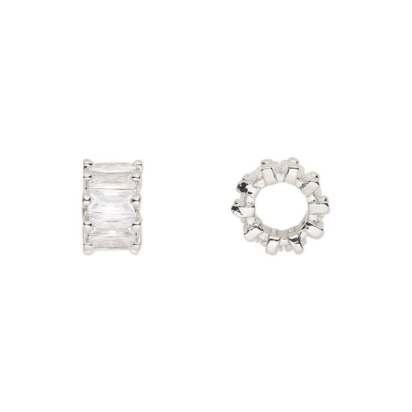 Bead, cubic zirconia and silver-plated brass, clear, 10.5x6mm rondelle. Sold per pkg of 2. image number 0