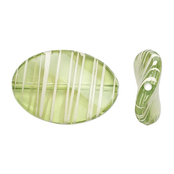 Bead, acrylic, semitransparent green and white, 35x25mm twisted flat oval with painted line design. Sold per pkg of 28. image number 0