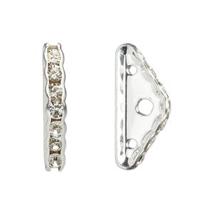 Spacer, glass rhinestone and silver-plated brass, crystal, 22x3.5mm 3-strand triangle bridge, fits up to 7mm bead. Sold per pkg of 10.