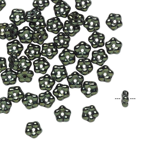 Bead, Preciosa, Czech pressed glass, opaque dark olive luster, 5x2mm forget-me-not flower. Sold per pkg of 50. image number 0