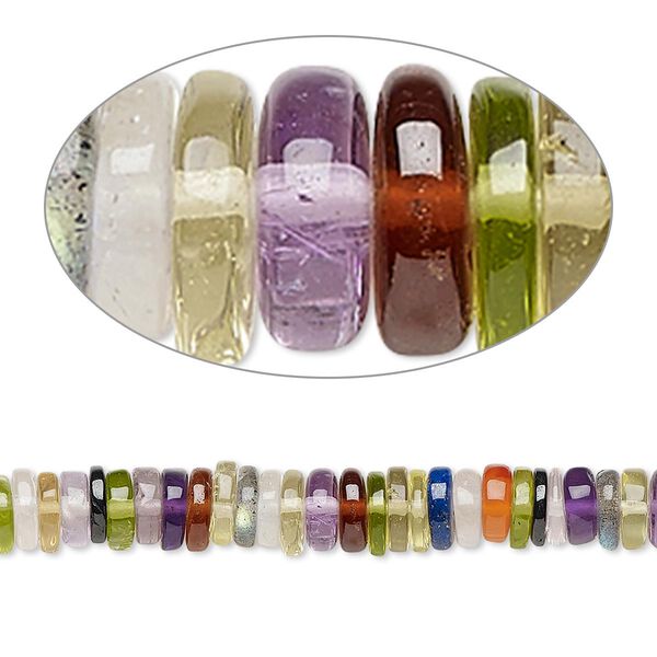 Bead, multi-gemstone (natural / dyed / oiled / heated), multicolored, 4x1mm-7x2mm hand-cut rondelle, B- grade, Mohs hardness 3 to 7. Sold per 8-inch strand, approximately 100-150 beads. image number 0