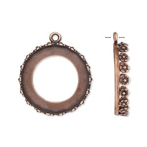 Drop, JBB Findings, antique copper-plated brass, 22mm round with open back and flower design trim, 20mm round bezel setting. Sold per pkg of 2.