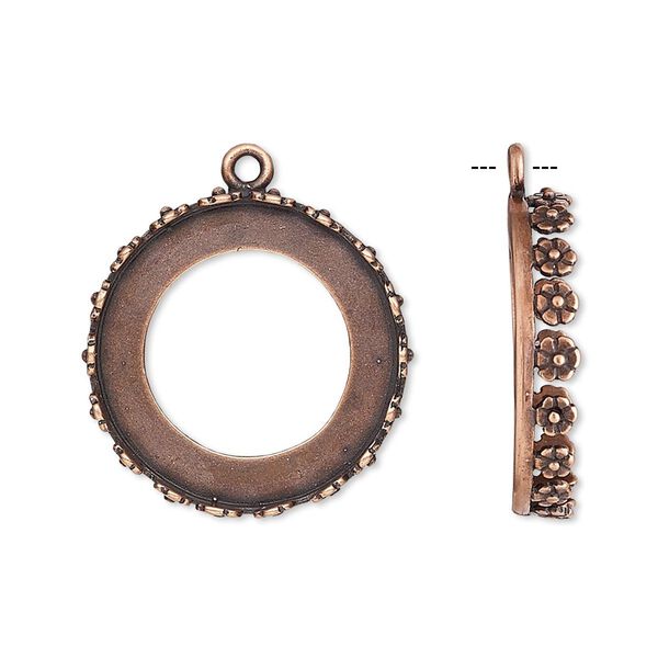 Drop, JBB Findings, antique copper-plated brass, 22mm round with open back and flower design trim, 20mm round bezel setting. Sold per pkg of 2. image number 0
