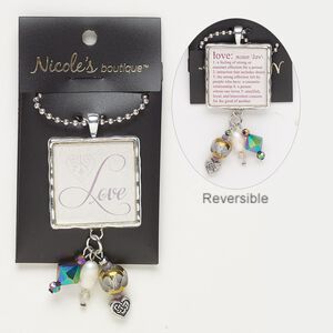 Necklace, glass / acrylic / antique silver-finished "pewter" (zinc-based alloy) / silver-finished steel, multicolored, 2-3/4 x 1-1/4 inches with two-sided square and glitter / "Love" / definition of love, 24 inches with lobster claw clasp. Sold individually.