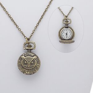 Necklace, plastic with antique brass-plated steel and "pewter" (zinc-based alloy), black / white / clear, 40x26mm round watch with owl and floral design, 28 inches with lobster claw clasp. Sold individually.